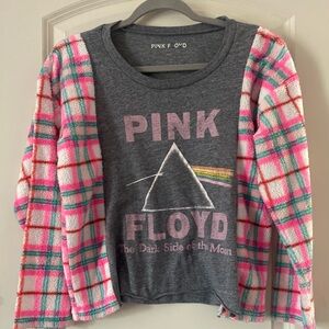Upcycled Sweatshirt T-shirt Combo. Pink Floyd And Pink & Gray Checked lng Sleeve
